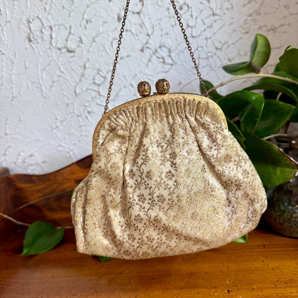 Vintage Gold Brocade Kiss Lock Evening Bag Floral Satin Clutch Purse Chain Strap